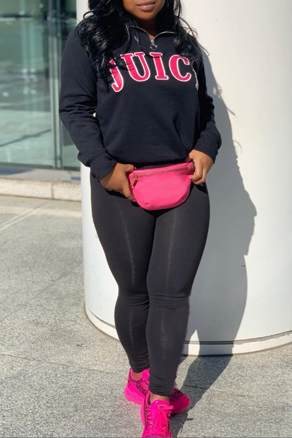 

Lovely Trendy Letter Printed Black Two-piece Pants Set