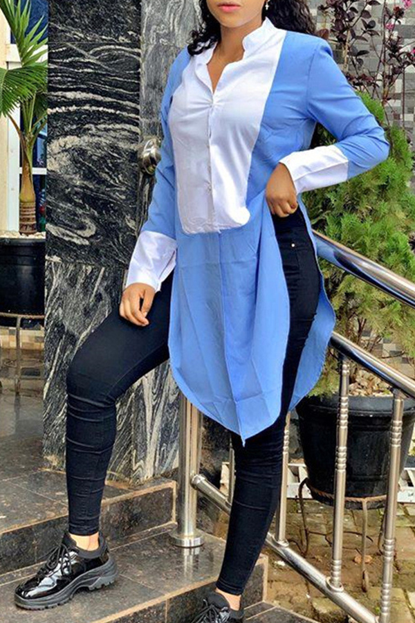 

Lovely Casual Patchwork Baby Blue Blouse