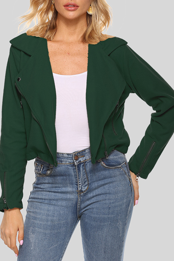Lovely Casual Zipper Design Blackish Green Short Coat