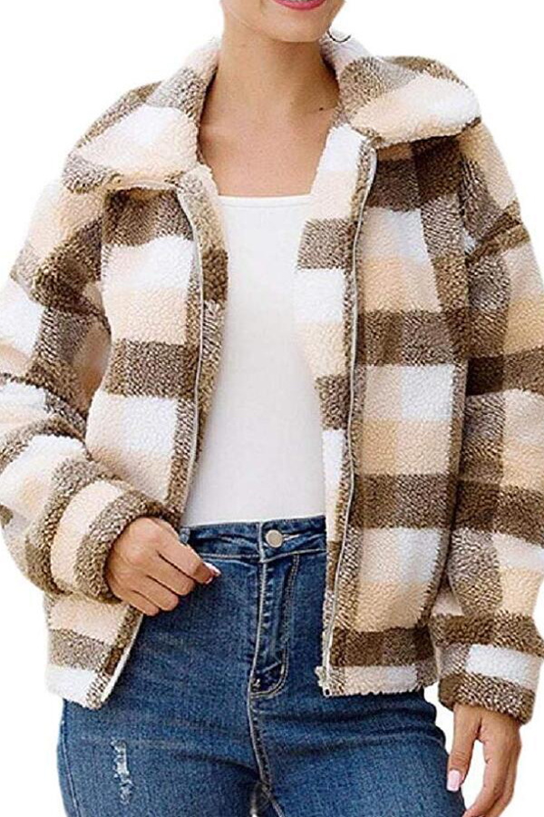 Cheap Coat&Jacket Lovely Casual Grid Light Tan Coat