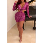 Lovely Sexy Hollow-out Printed Rose Red Mini Dress