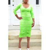 Lovely Trendy Ruffle Design Green Mid Calf Dress
