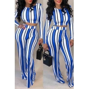 Lovely Stylish O Neck Striped Blue Two-piece Pants
