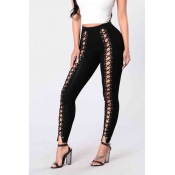 Lovely Trendy Bandage Design Hollow-out Black Jean