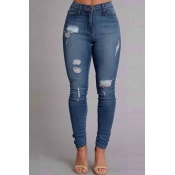 LW Trendy Broken Holes Skinny Blue Jeans