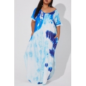 Lovely Casual V Neck Tie-dye Printed Blue Ankle Le