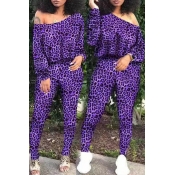 Lovely Casual Leopard Printed Purple Two-piece Pan