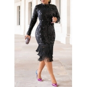 Lovely Casual Tassel Design Black Knee Length Dres