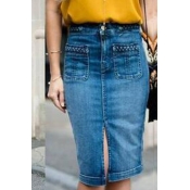 Lovely Work Pocket Patched Blue Knee Length Skirts