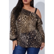 Lovely Casual Dew Shoulder Leopard Printed Plus Si