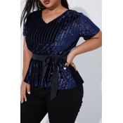Lovely Chic V Neck Striped Blue Plus Size Blouse