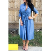 Lovely Casual Turndown Collar Lace-up Baby Blue Mi