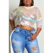Lovely Sexy See-through Multicolor Plus Size T-shi