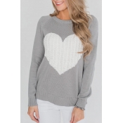 Lovely Sweater Round Neck Heart-shaped Design Grey