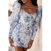 Lovely Trendy Floral Printed Blue Mini Dress