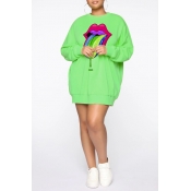 Lovely Casual Lip Printed Green Plus Size Hoodie