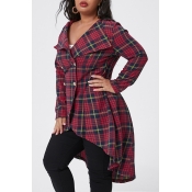 Lovely Casual Plaid Printed Red Plus Size Coat