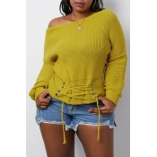 Lovely Trendy Bandage Yellow Sweater