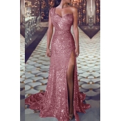 Lovely Trendy One Shoulder Sequined Pink Floor Len