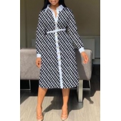Lovely Casual Printed Black Mid Calf Shirt Dress