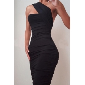 Lovely Temperament One Shoulder Ruffle Design Blac