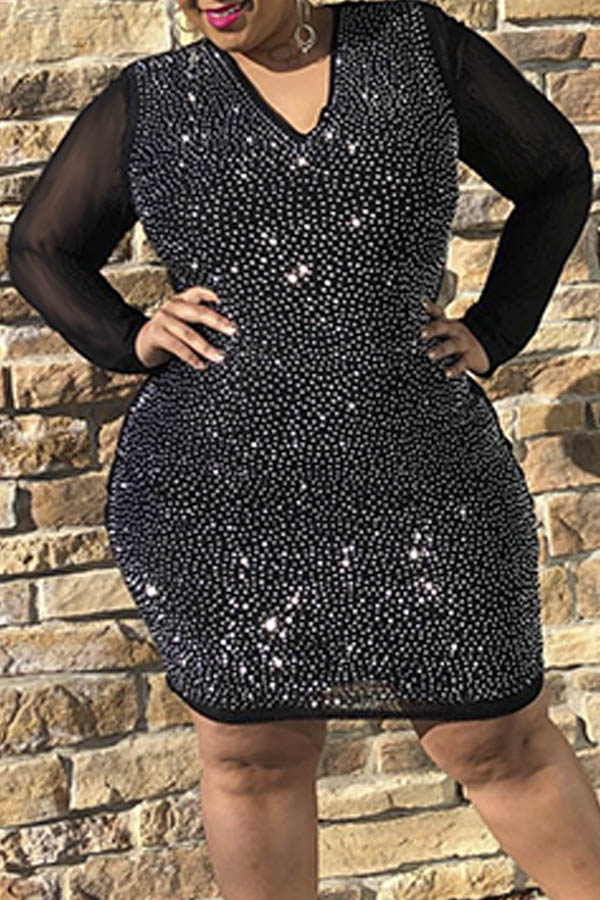 

Lovely Party Patchwork Black Mini Plus Size Dress