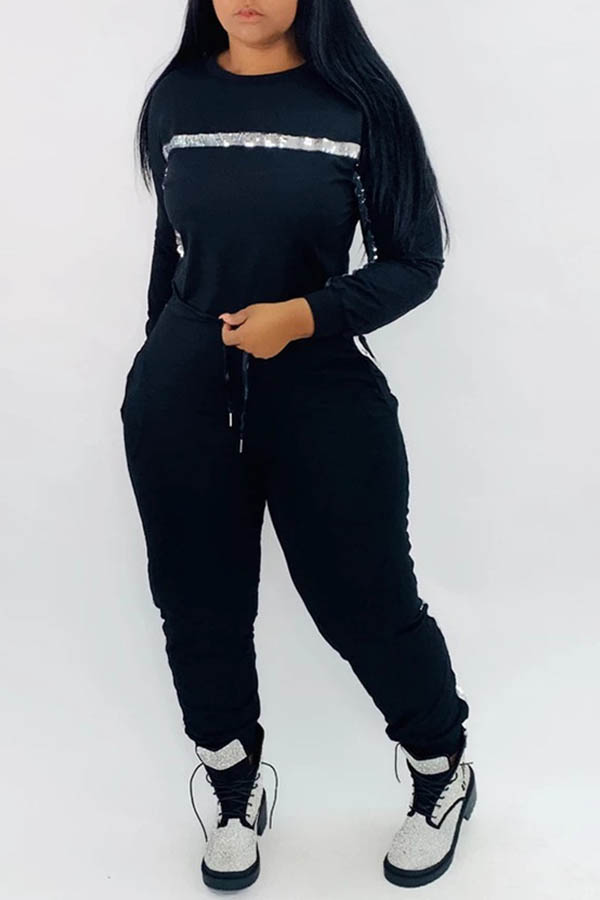 

Lovely Casual Patchwork Black Two-piece Pants Set