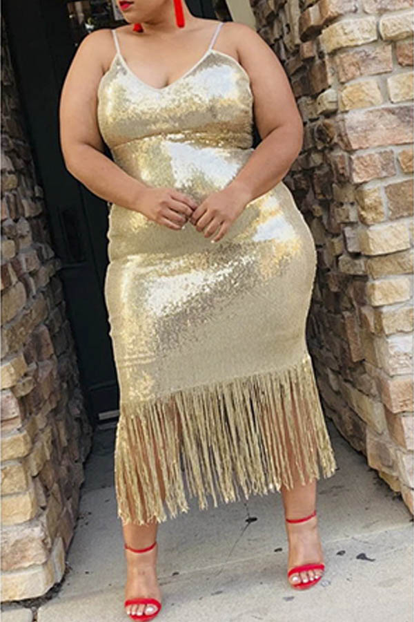 

Lovely Party Tassel Design Apricot Mid Calf Plus Size Dress
