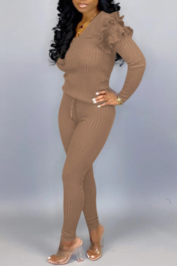 Lovely Casual Flounce Design Beige Two-piece Pants Set