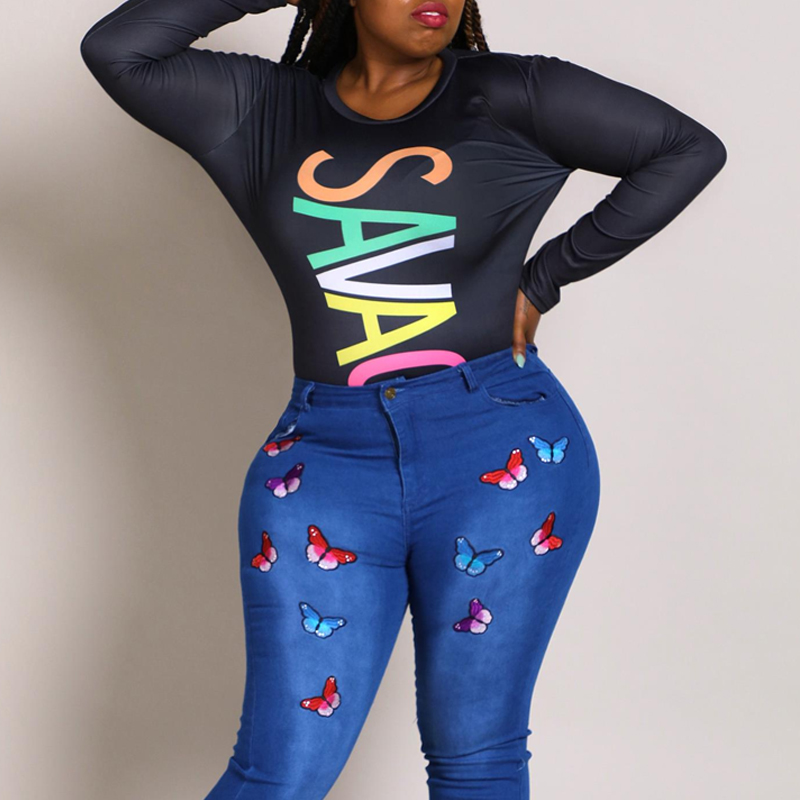 

Lovely Casual Letter Printed Black Plus Size T-shirt