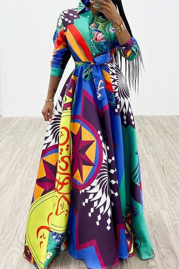

Lovely Trendy Turndown Collar Printed Multicolor Floor Length Dress, Multi
