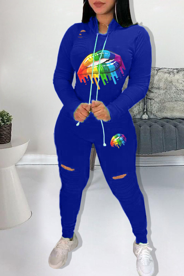 

Lovely Casual Hooded Collar Lip Printed Blue Two-piece Pants Set