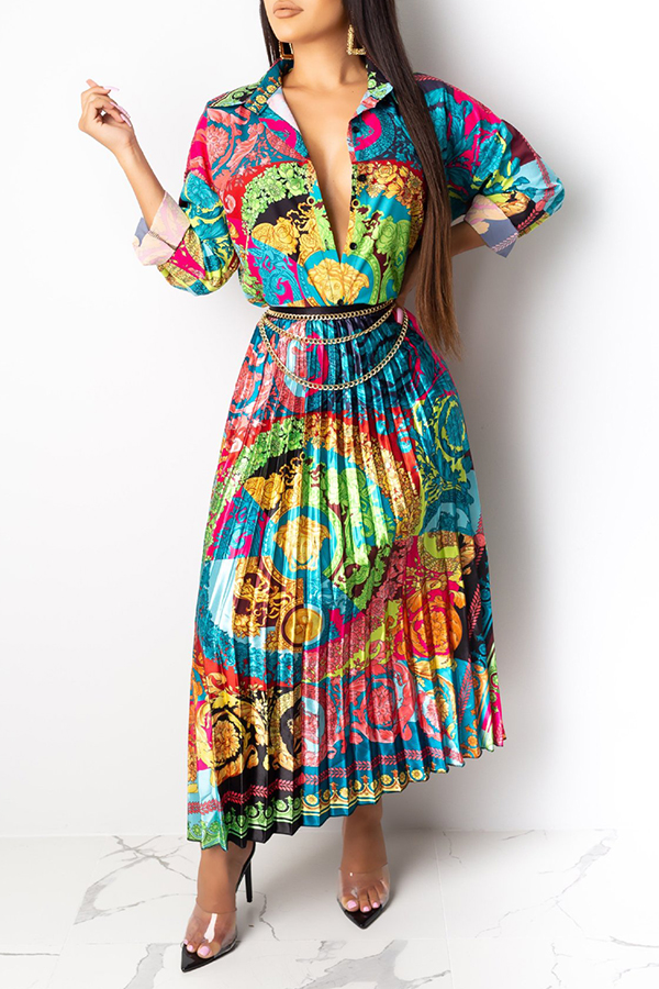 

Lovely Casual Turndown Collar Printed Multicolor Two-piece Skirt Set, Multi