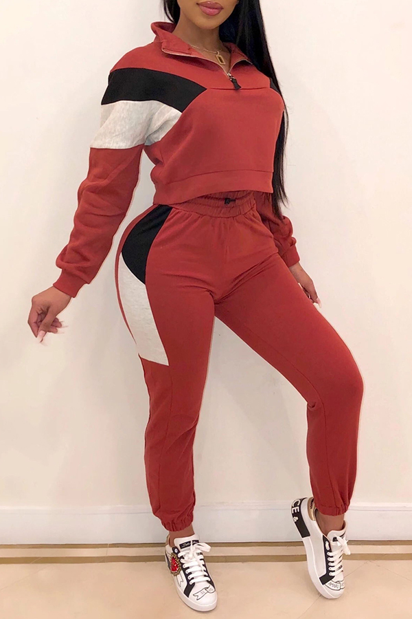 

Lovely Casual Patchwork Wine Red Two-piece Pants Set