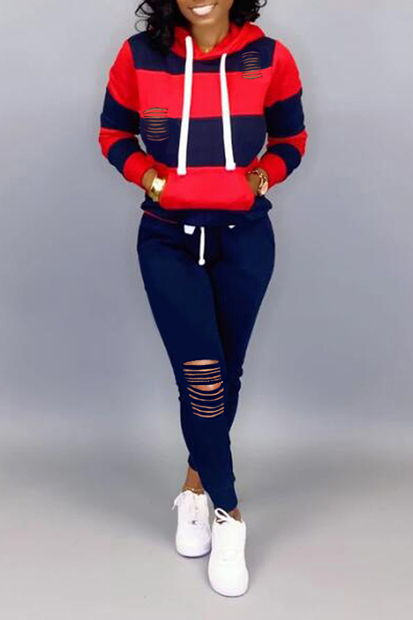 Lovely Casual Hooded Collar Hollow-out Red Two-piece Pants Set