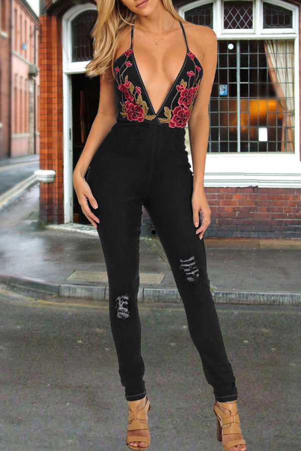 

Lovely Sexy Patchwork Black One-piece Jumpsuit