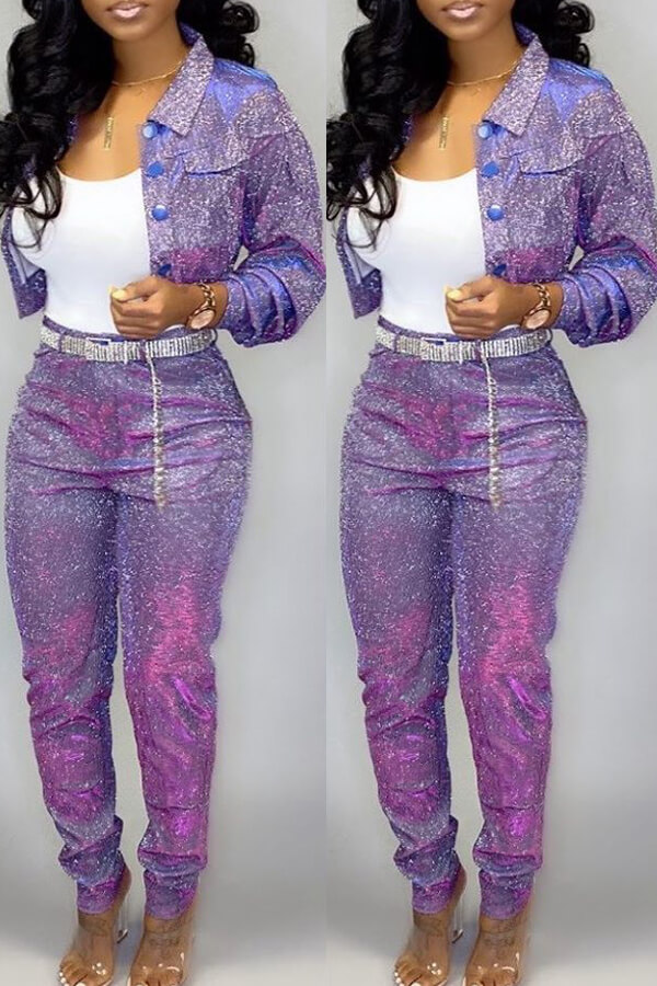 

LW Casual Buttons Design Purple Two-piece Pants Set