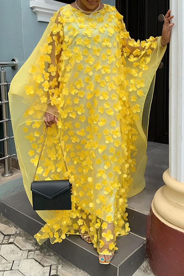 

Lovely Casual Embroidery Design Yellow Floor Length Plus Size Dress
