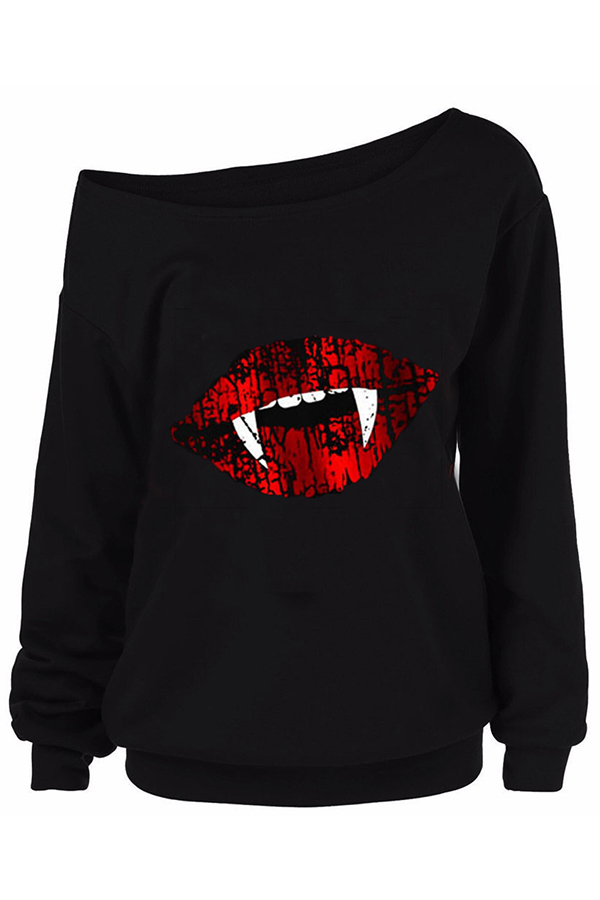 Cheap Hoodies Lovely Halloween Casual Lip Printed Black Sweatshirt Hoo