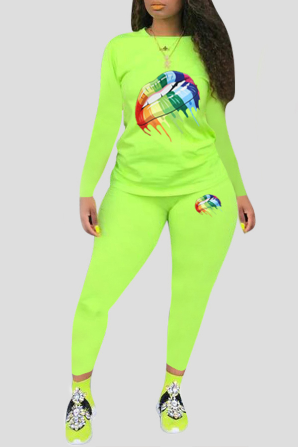 

Lovely Leisure Lip Printed Green Plus Size Two-piece Pants Set