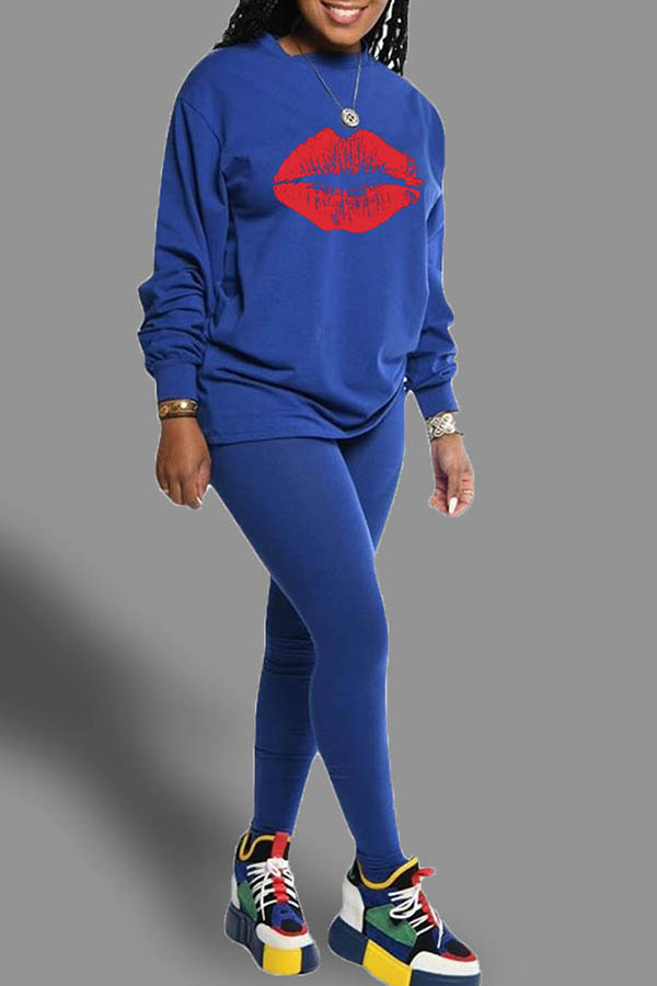 

Lovely Casual Lip Printed Blue Two-piece Pants Set