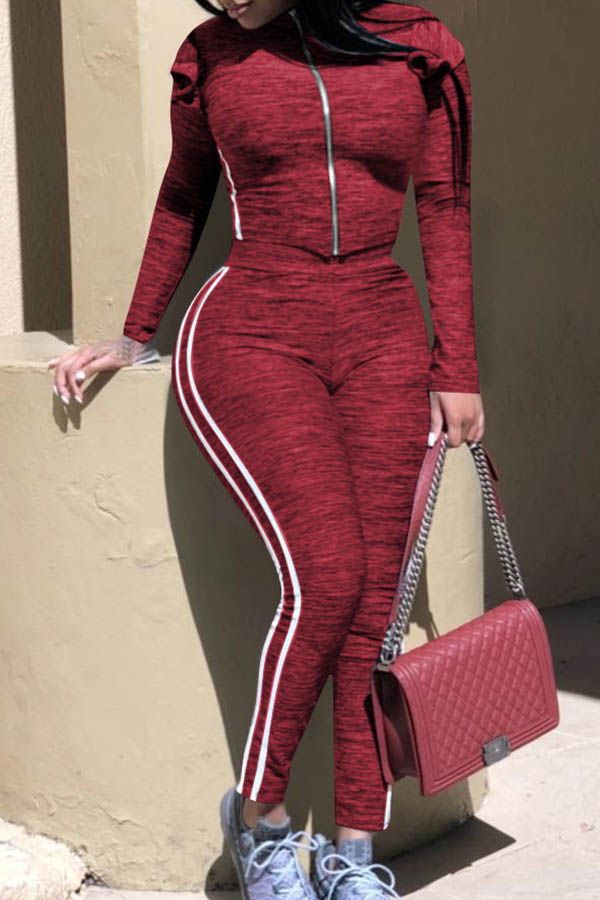 

Lovely Casual Basic Striped Wine Red Two-piece Pants Set