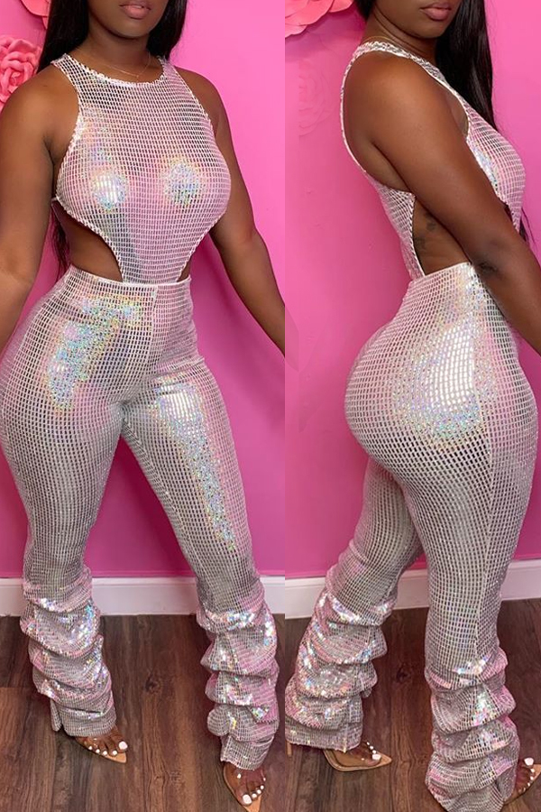 

Lovely Sexy Hollow-out Silver One-piece Jumpsuit