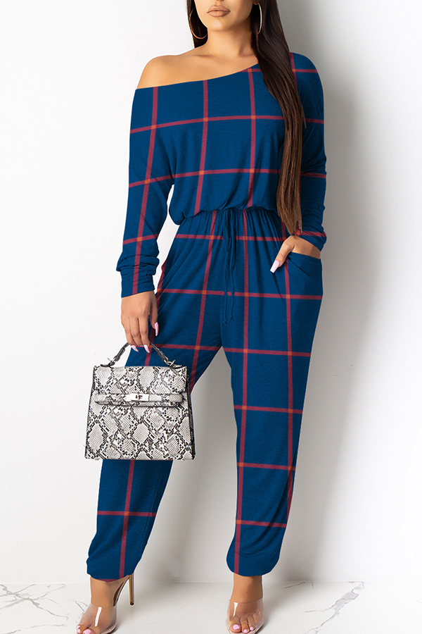 Lovely Casual Grid Printed Blue One-piece Jumpsuit
