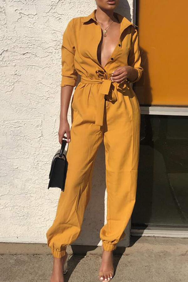 Cheap Jumpsuit Lovely Trendy Buttons Design Yellow One-piece Jumpsuit