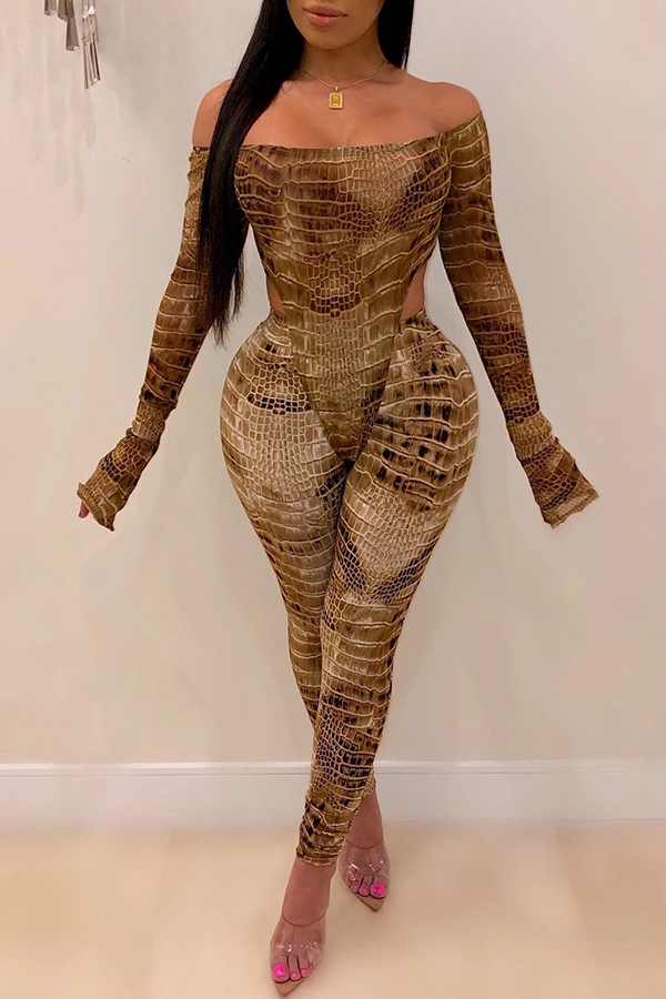 

Lovely Sexy Dew Shoulder Print Brown Two-piece Pants Set