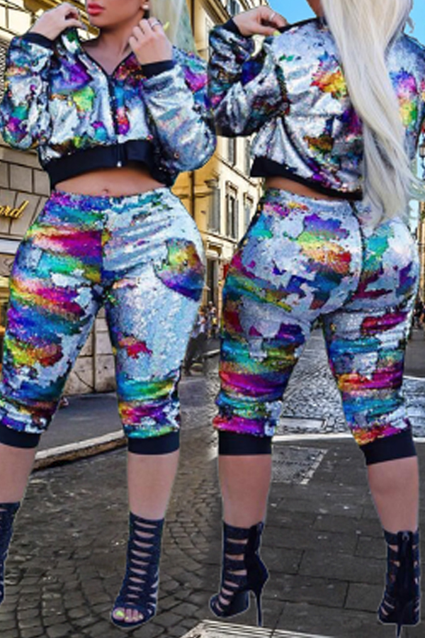 

Lovely Sexy Patchwork Sequined Multicolor Two-piece Pants Set, Multi