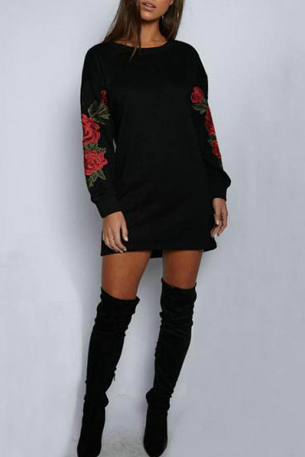 

Lovely Casual Embroidery Design Black Mini Dress
