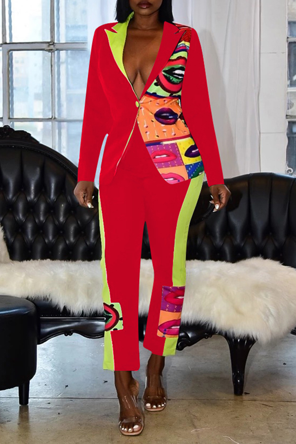

Lovely Casual Printed Patchwork Red Two-piece Pants Set