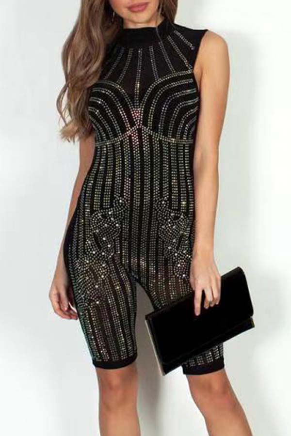 

Lovely Sexy Hot Drilling Decorative Black One-piece Romper